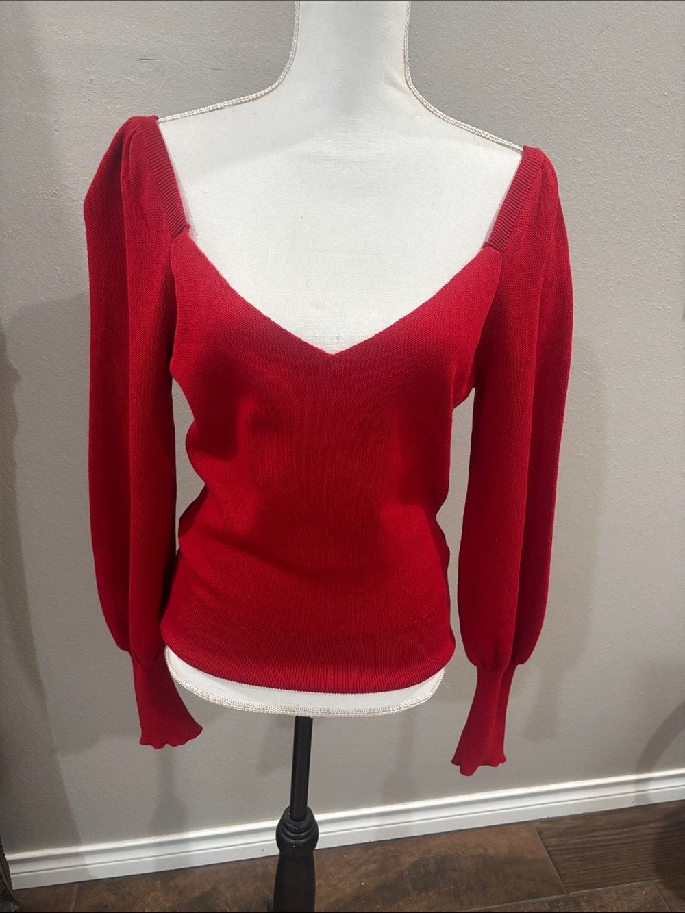 Anthropologie Red V-Neck Puff Sleeve Sweater- sweetheart